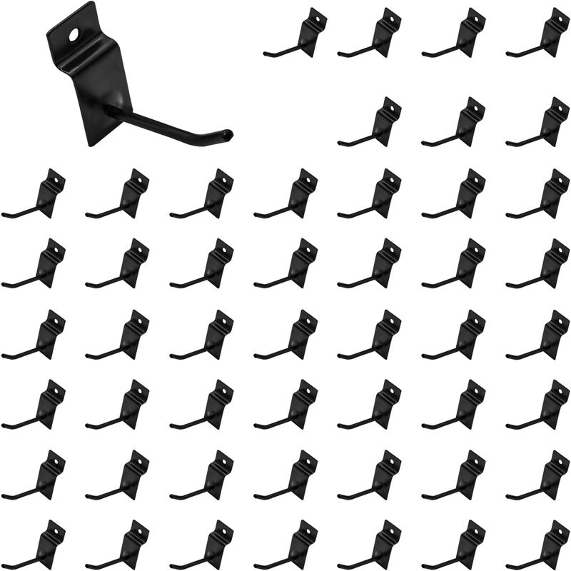 Waltool 50Pcs 2 Inches Black Slatwall Panel Hooks Bulk Set, Metal Slat Wall Hanging Display Hanger Hooks, Pegboard Organizer for Gridwall Garage Shop Retail - Image 1
